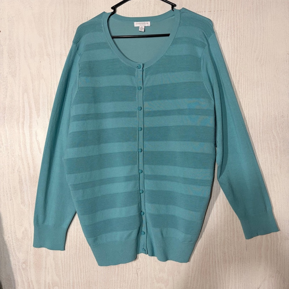 Charter Club Cardigan Women 3X Aqua Blue Textured Stripe Button Front